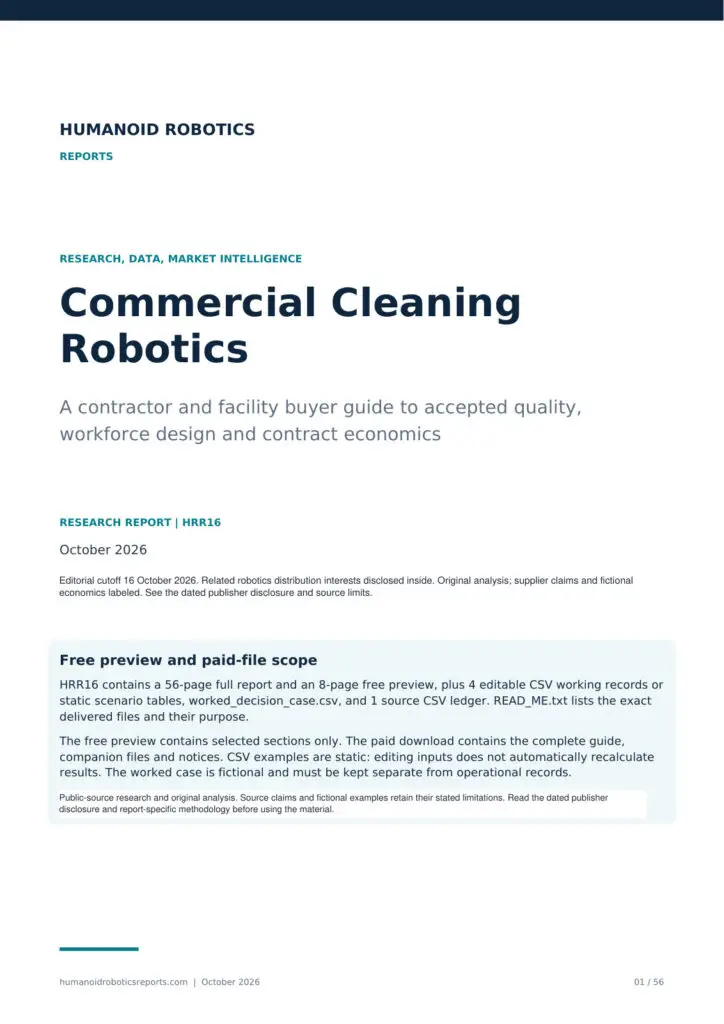 Cover of Commercial Cleaning Robotics: A contractor and facility buyer guide to accepted quality, workforce design and contract economics, October 2026 edition.